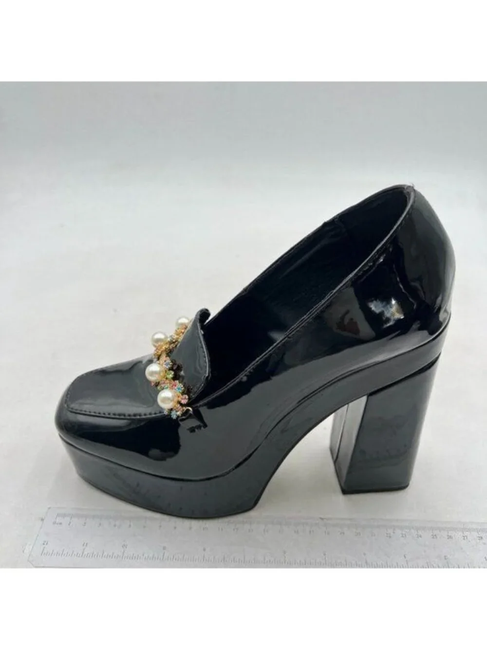 XYD Women Closed Square Toe Pearl Pumps Slip On Rhinestones Platform Black Shoes
